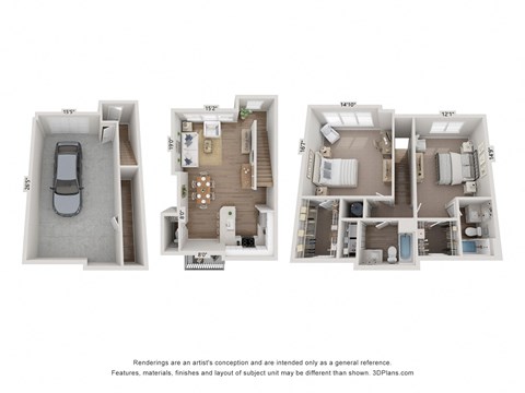 a 3d floor plan of a 3 bedroom apartment